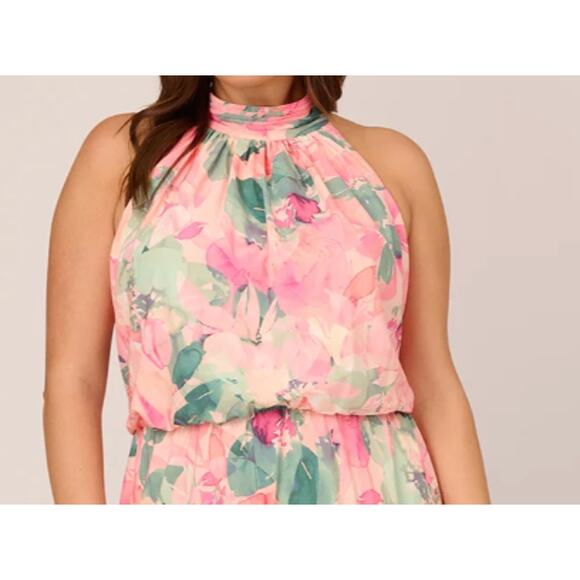 Adrianna Papell Floral Print Chiffon Halter Mock Neck Dress Blush Multi, Plus 16 - Picture 3 of 7